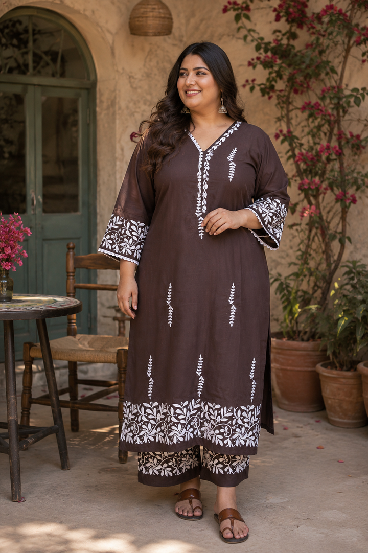 Dark Brown Chikankari Kurta with pant Set -Custom Made