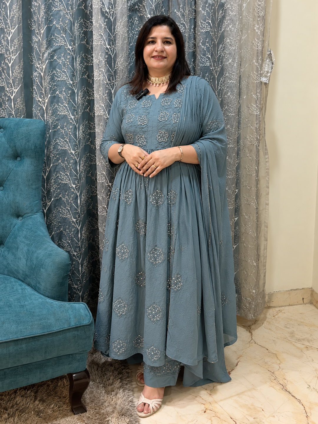 Grey Chanderi Chikankari Suit Set -Custom Made