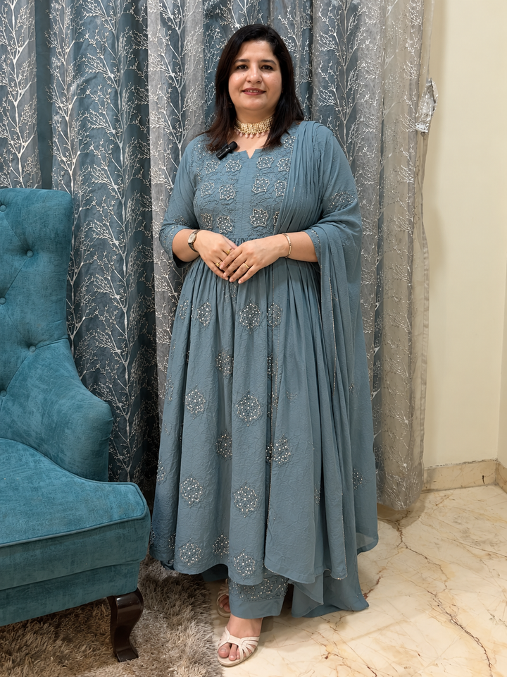 Grey Chanderi Chikankari Suit Set -Custom Made