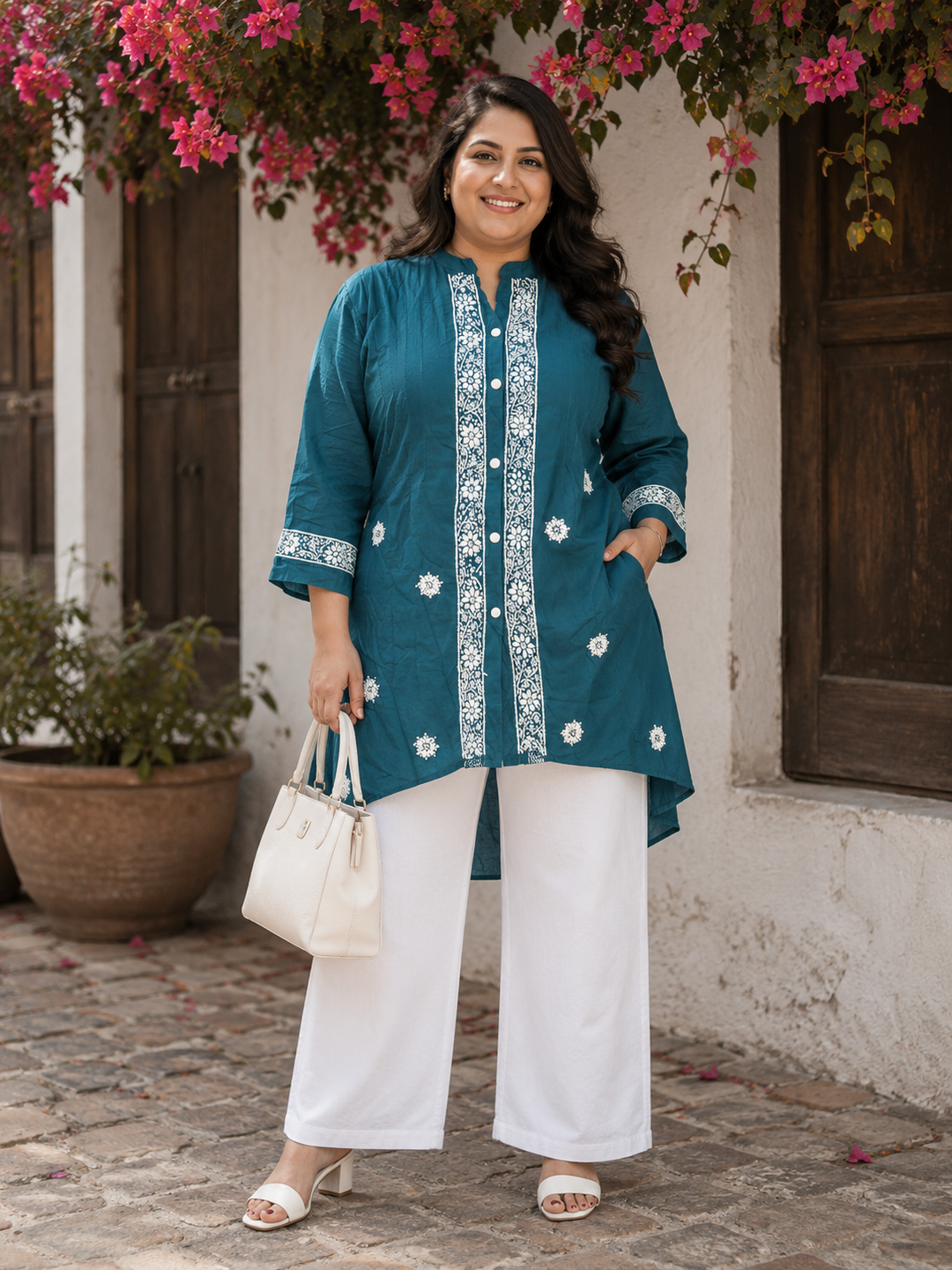 Teal blue Rayon Chikankari short kurta