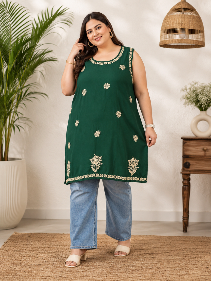 Dark Green rayon Chikankari short kurta
