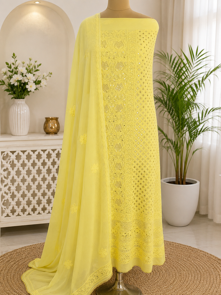 Yellow Pure Georgette Chikankari Kurta duppata fabric