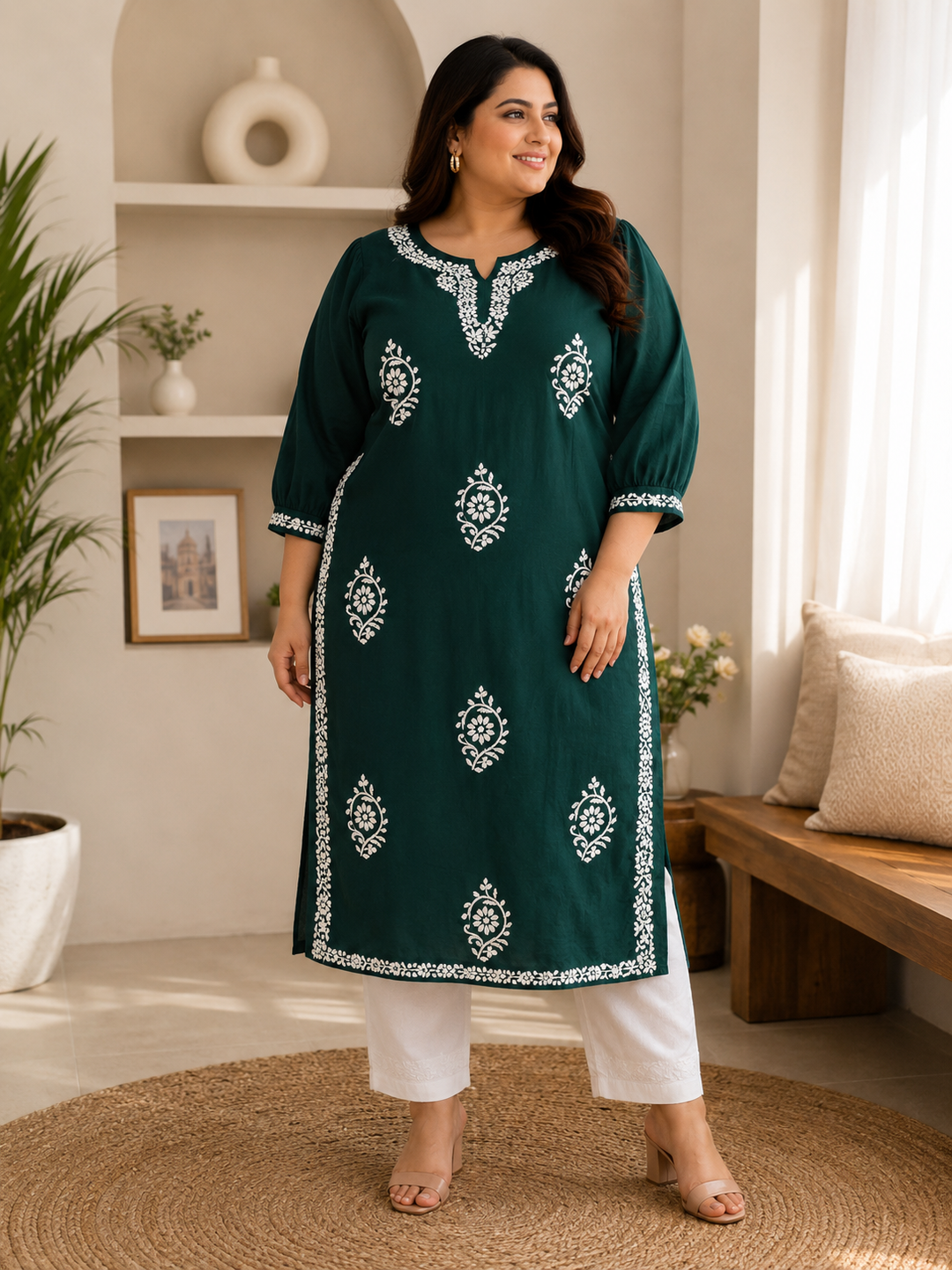 Dark green Rayon Chikankari kurta