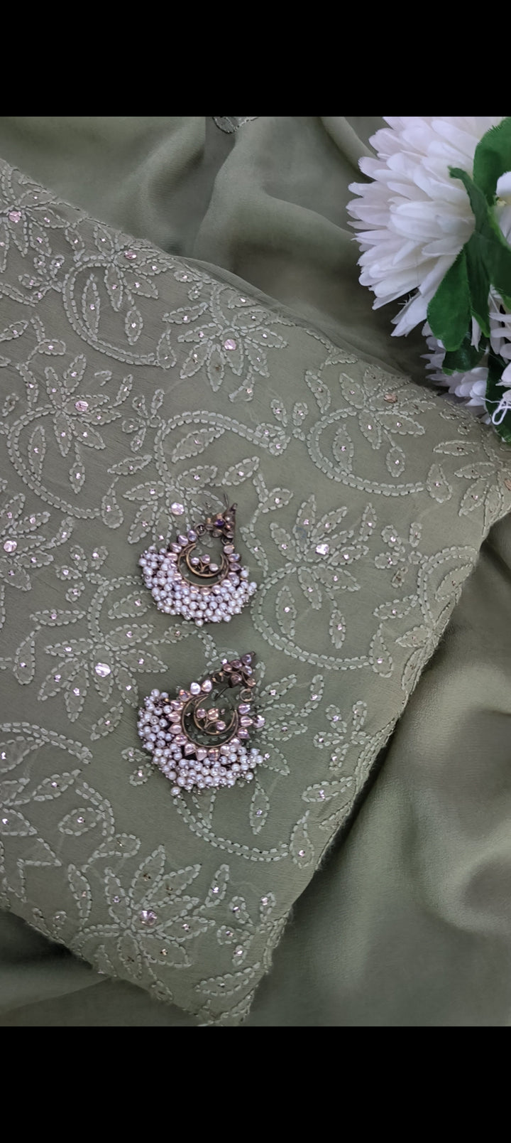 Sage green Georgette Chikankari Kurta duppata fabric