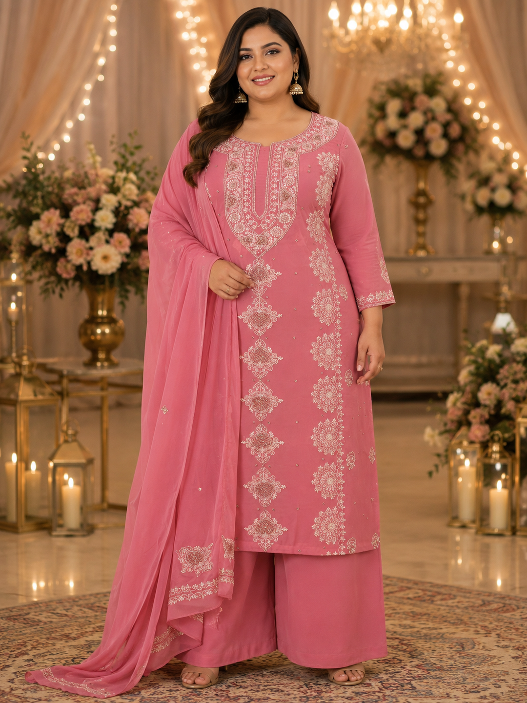 Onion Pink Rayon Chikankari Kurta Dupatta Fabric