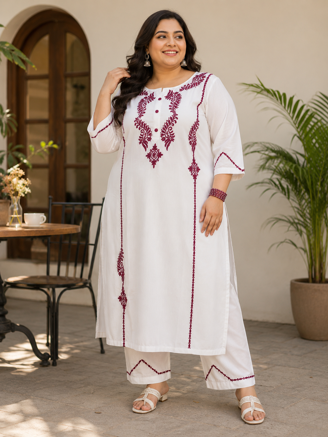 White Rayon Chikankari kurta With Pant Set -Custom Made