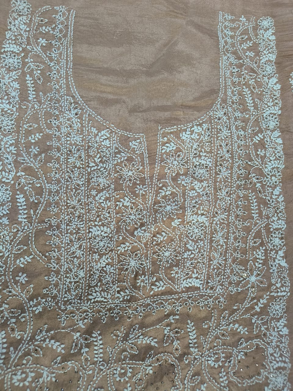 Champagne Beige soft tissue Chikankari Kurta Dupatta Fabric