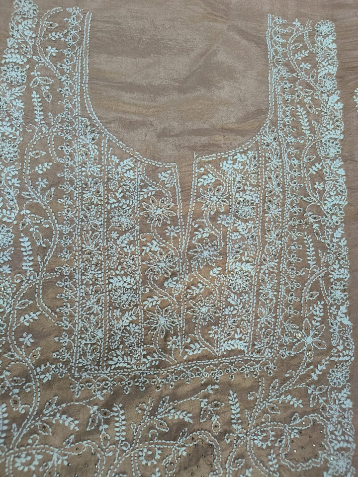 Champagne Beige soft tissue Chikankari Kurta Dupatta Fabric