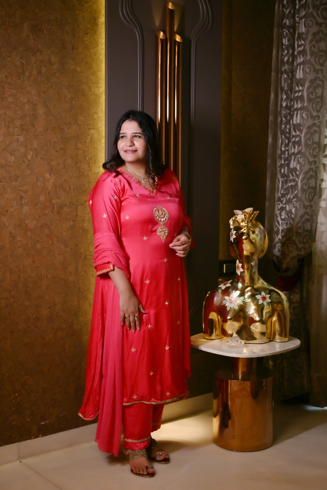 Rani Pink A-Line Hand Embroidered Suit Set-Custom Made