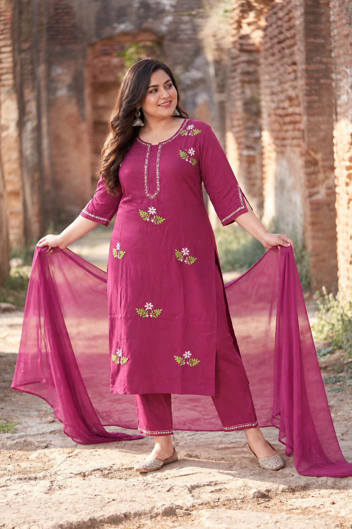 Wine Rayon Chikankari Kurta Pant Set