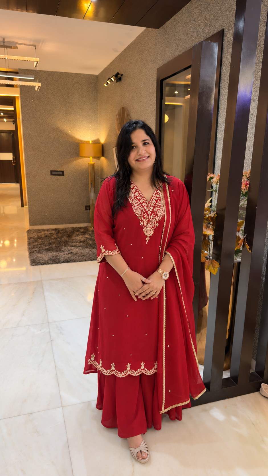 Maroon Georgette embroidered suit Set-Custom Made