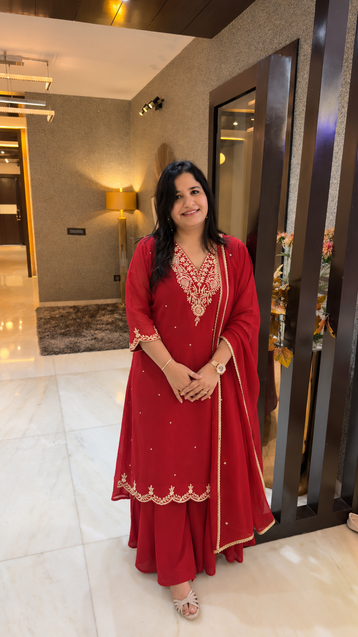 Maroon Georgette embroidered suit Set-Custom Made