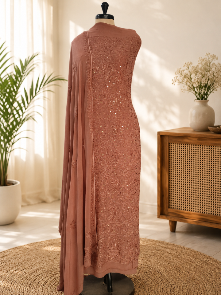 Brown Pure Georgette Chikankari kurta Dupatta Fabric