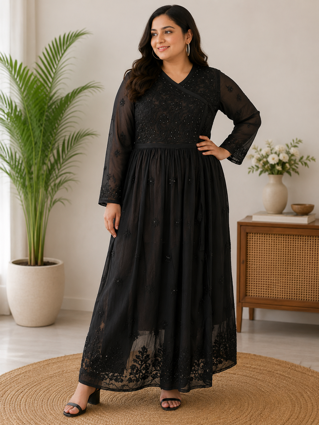 Black Georgette Chikankari Angrakha Kurta