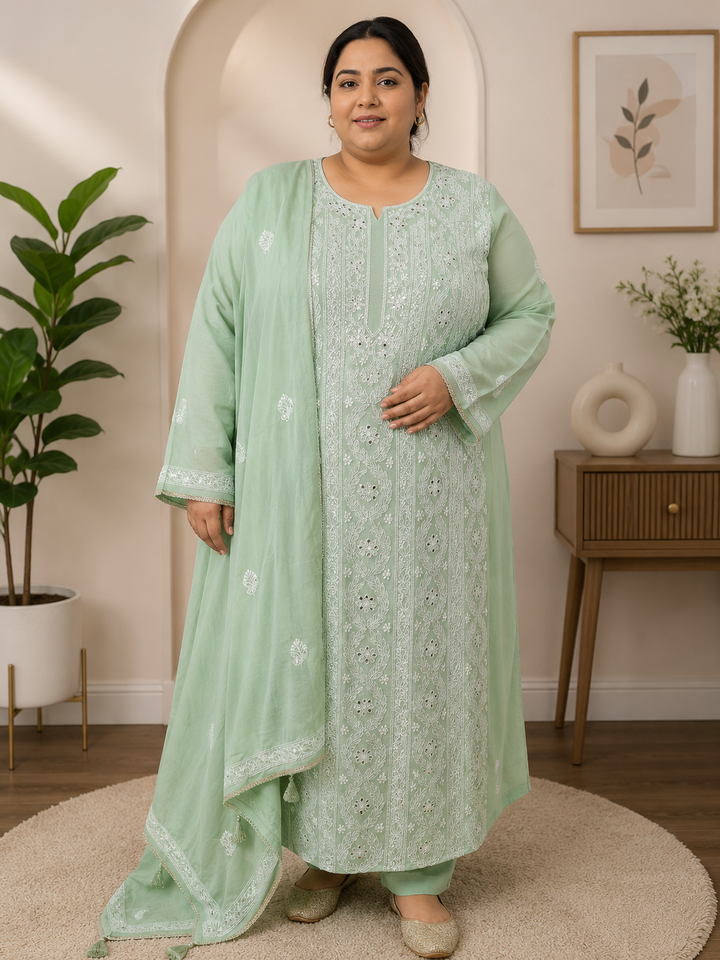 Light Green Pure Georgette Chikankari kurta dupatta Fabric