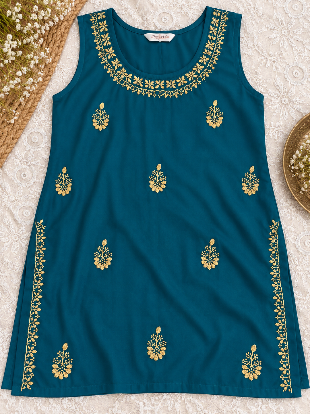 Teal Blue Rayon Chikankari short kurta -Custom Made