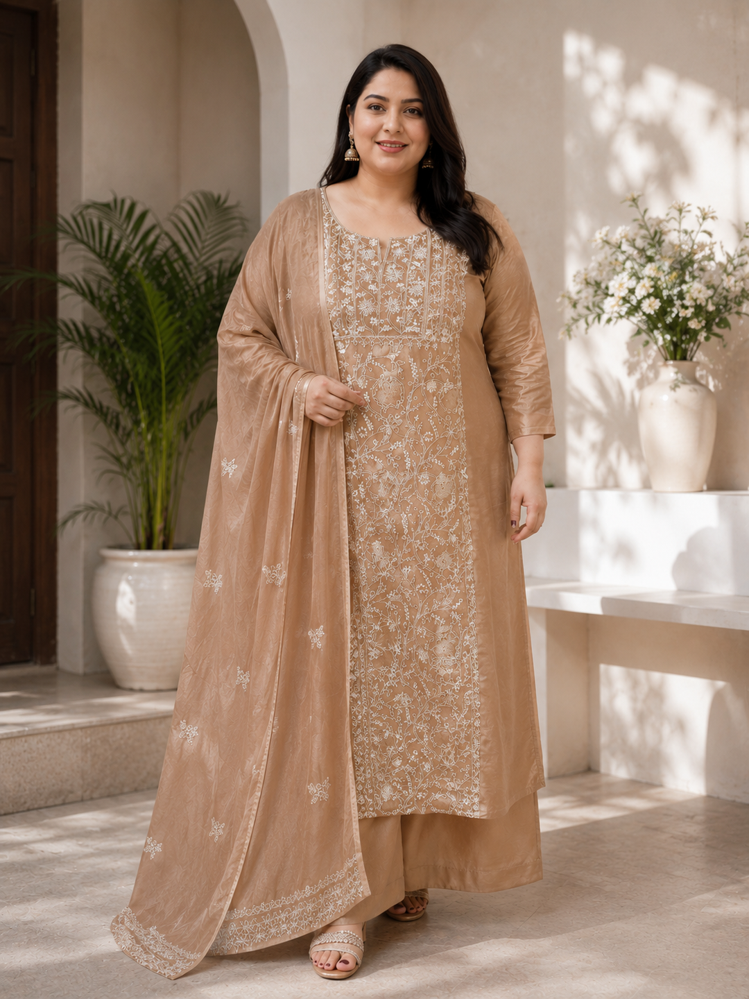 Champagne Beige soft tissue Chikankari Kurta Dupatta Fabric -Custom Made
