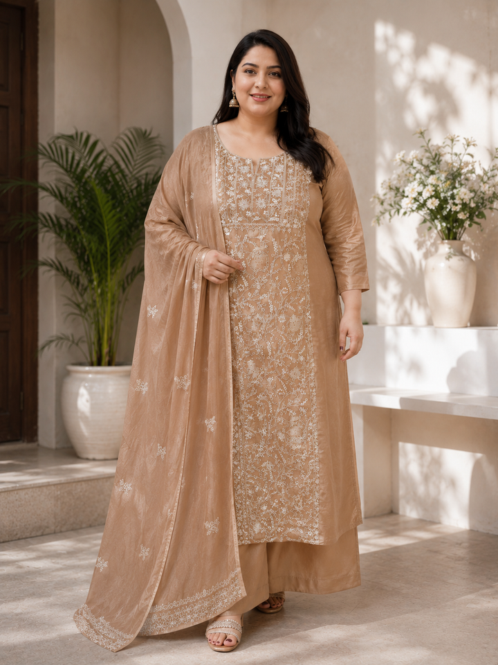 Champagne Beige soft tissue Chikankari Kurta Dupatta Fabric -Custom Made