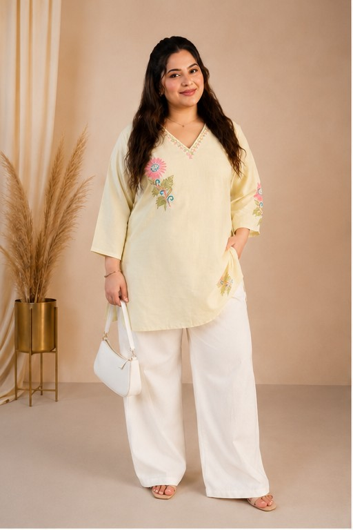Linen Cotton Beige Chikankari short kurta-Custom Made