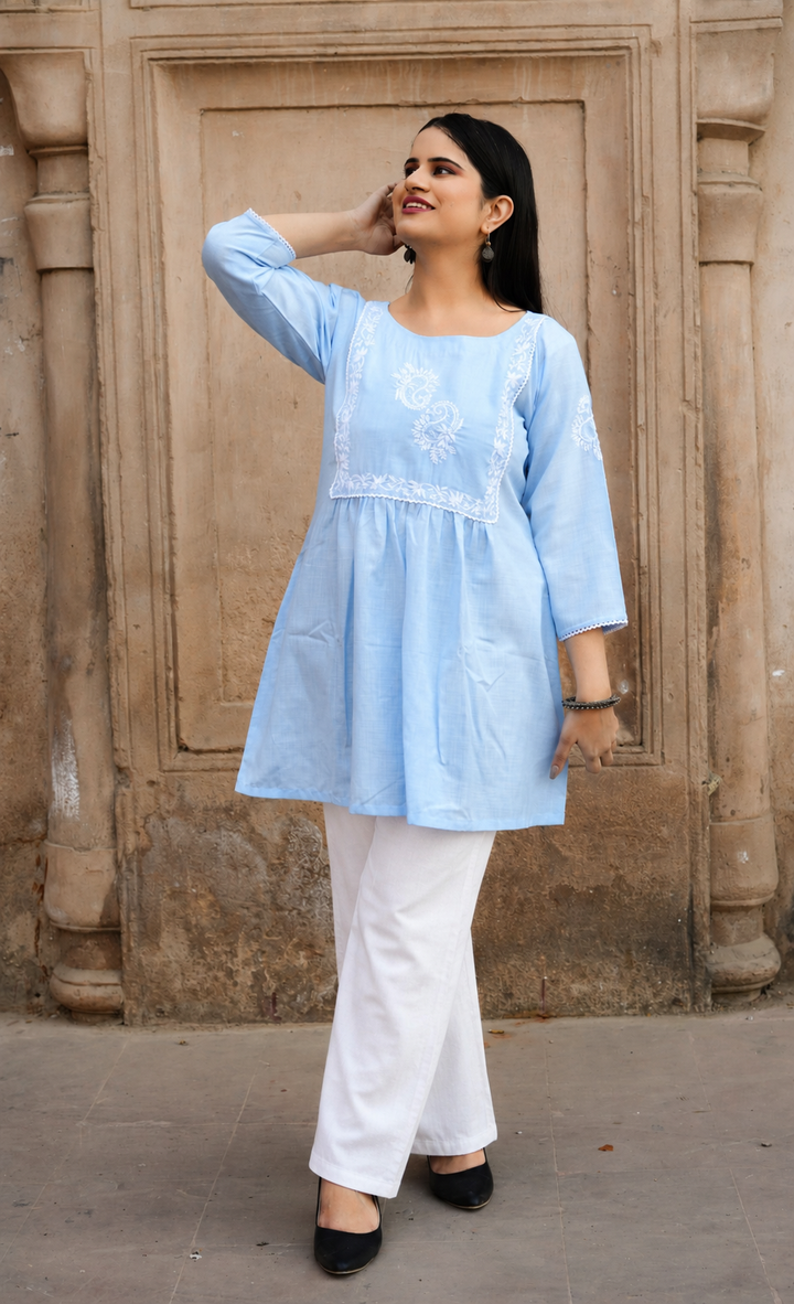 Sky Blue Chikankari Short Kurta