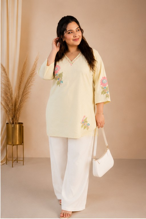 Linen Cotton Beige Chikankari short kurta-Custom Made