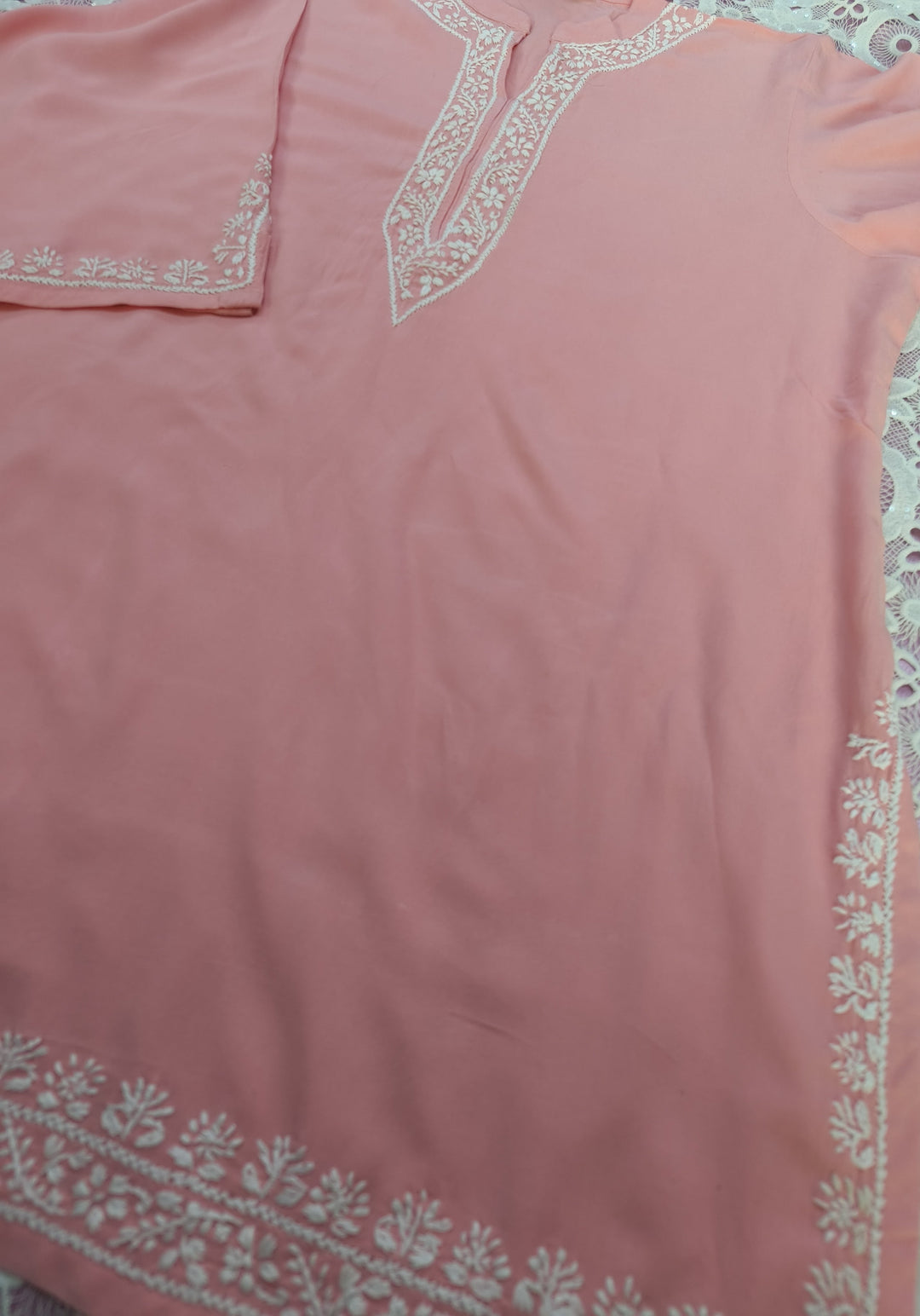 Peach Rayon chikankari short kurta