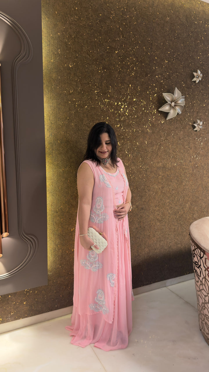 Baby Pink Georgette Chikankari Crop top shrug Set - Custom Made