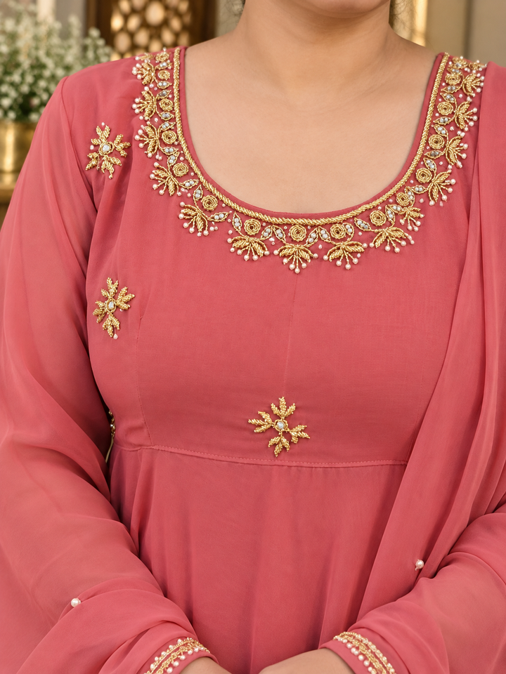 Rust Georgette anarkali dupatta set -Custom Made