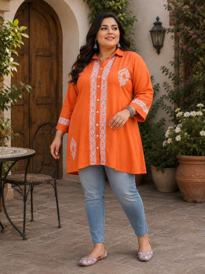 Linen Orange Chikankari Short Kurta -Custom Made