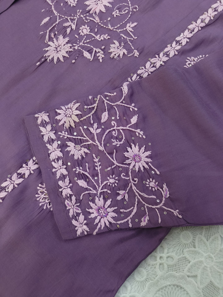 Lavender Chanderi Chikankari A-line shrug Set -Custom Made