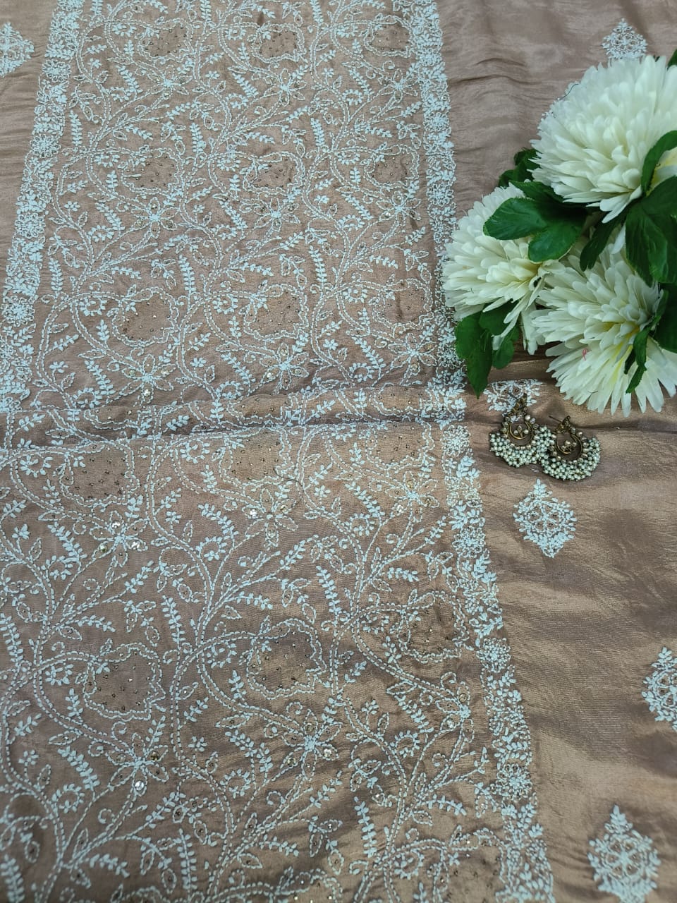 Champagne Beige soft tissue Chikankari Kurta Dupatta Fabric