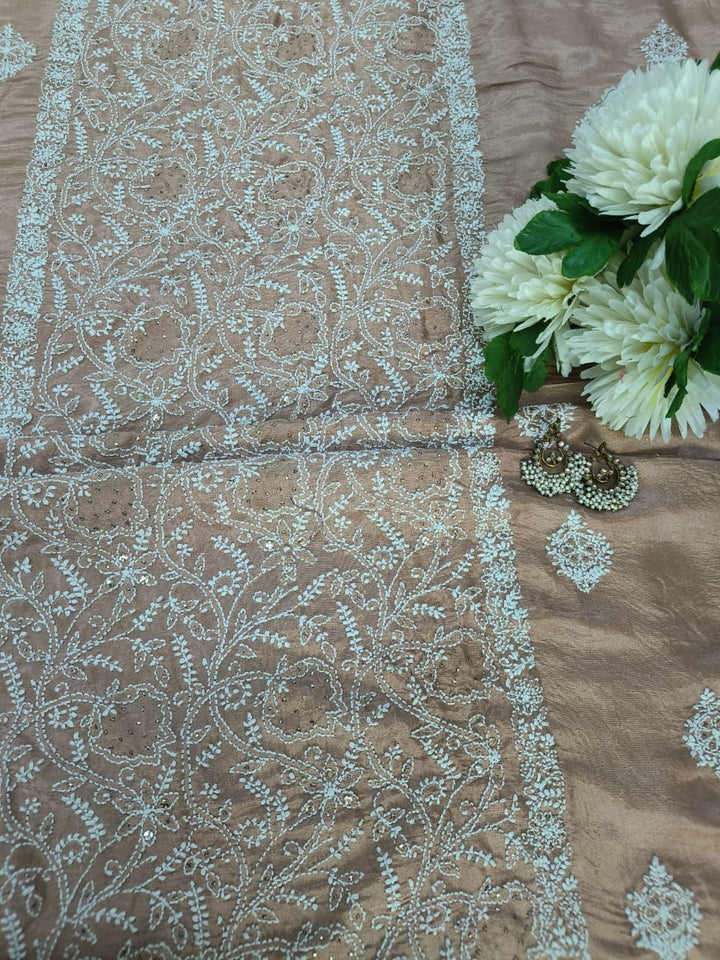 Champagne Beige soft tissue Chikankari Kurta Dupatta Fabric