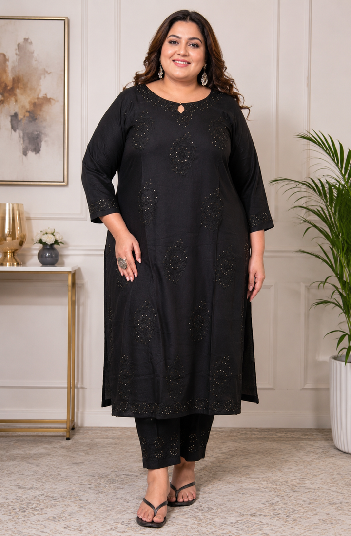 Black Rayon Chikankari Kurta with Pant Set -Custom Made