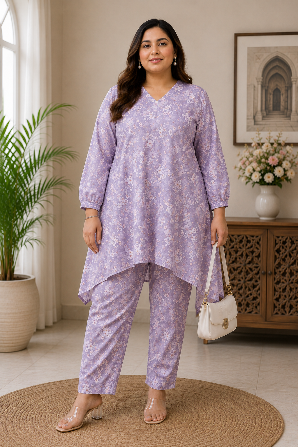 Light Purple Printed Modal Cotton Kurta With Pant Set -Custom Made