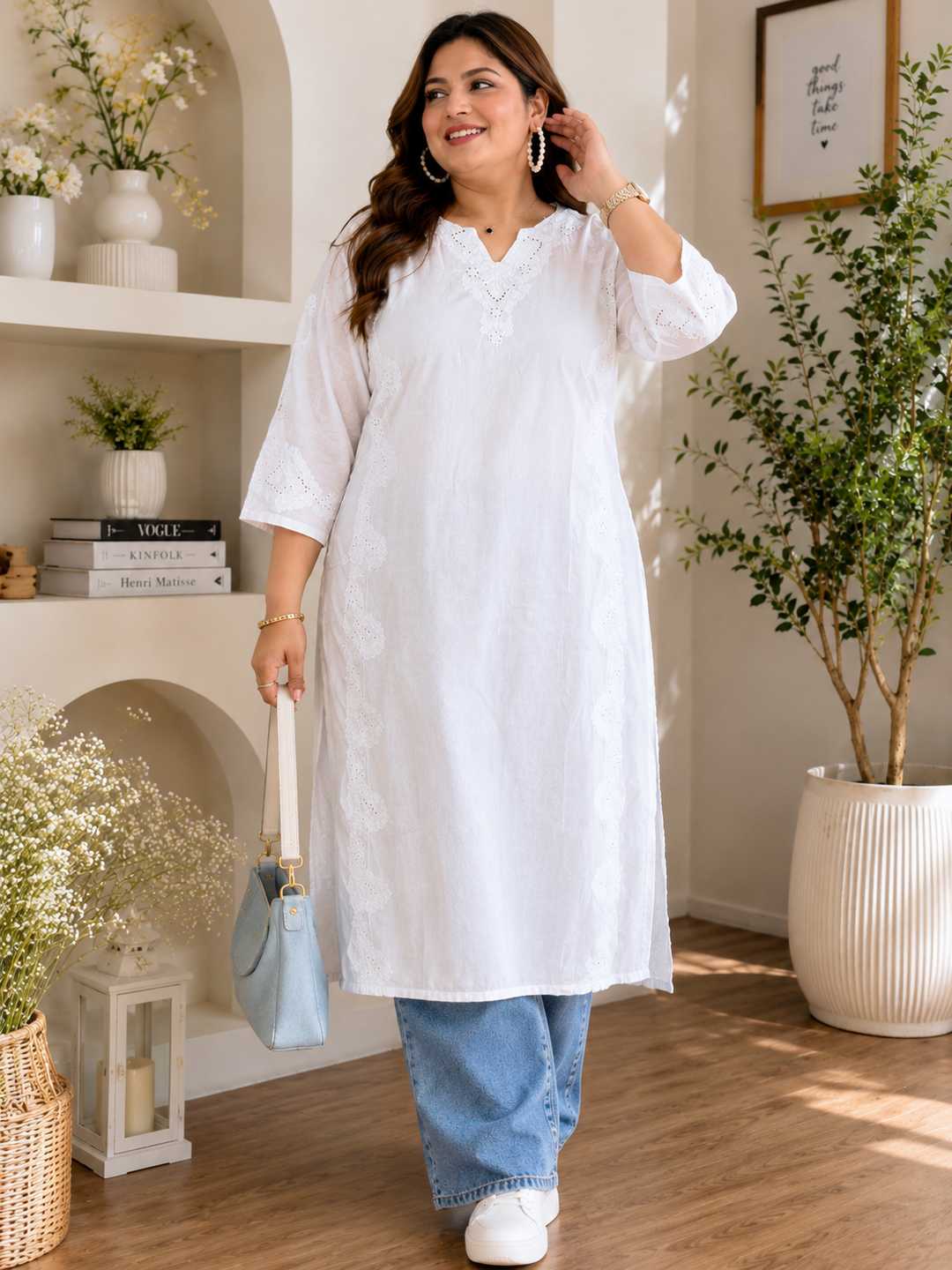 White Chanderi Chikankari Kurta