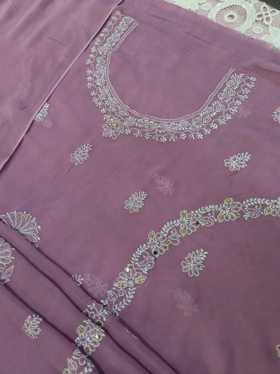 Lavender Georgette Chikankari Kurta duppata Fabric