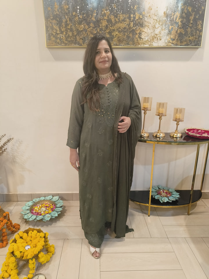 Olive green Georgette Chikankari Suit Set-Custom Made