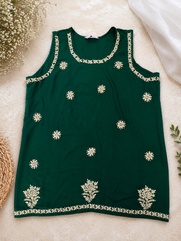 Dark Green rayon Chikankari short kurta