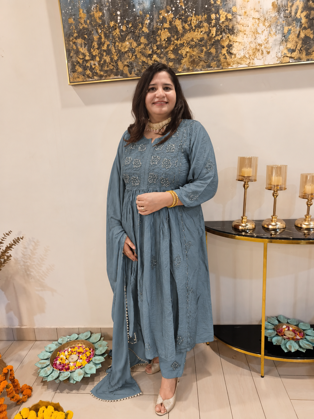 Grey Chanderi Chikankari Suit Set