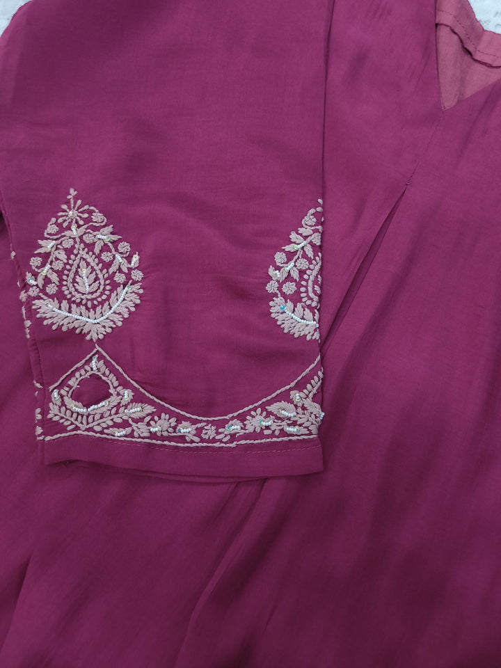 Onion A-line Chanderi Chikankari Co-ord set-Custom made