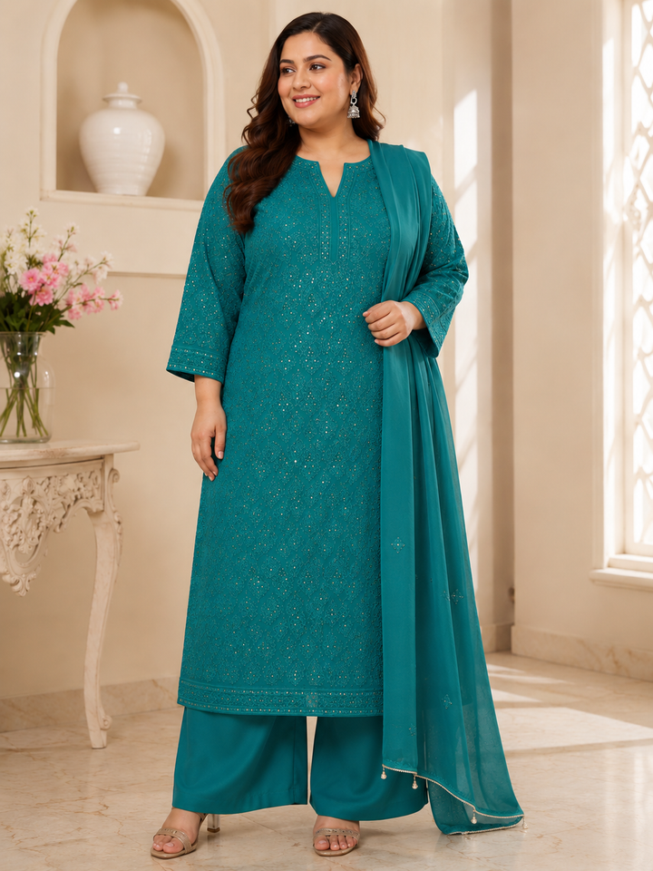 Dark Green Pure Georgette Chikankari kurta dupatta Fabric -Custom Made