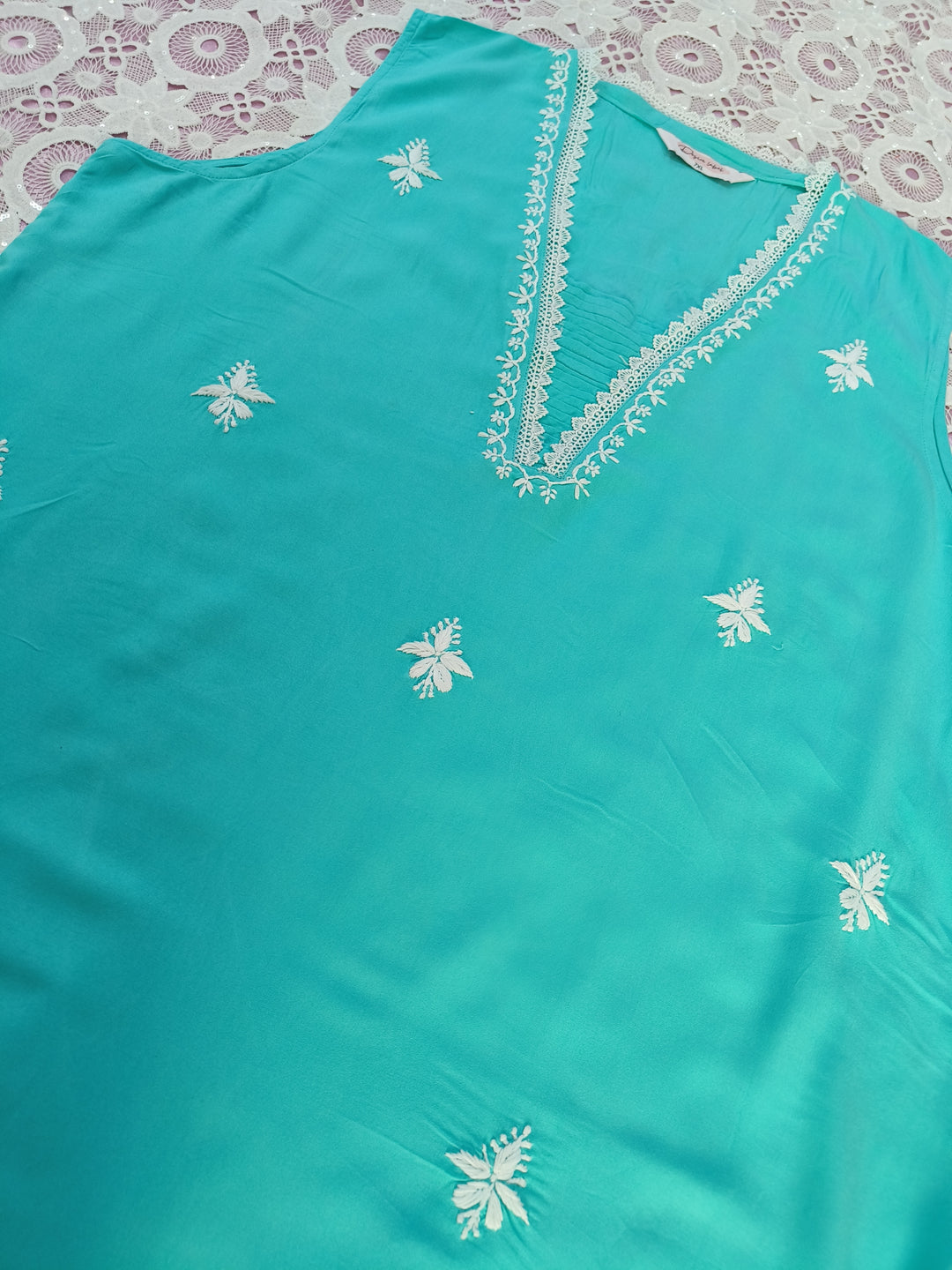 Blue rayon chikankari short kurta -Custom Made