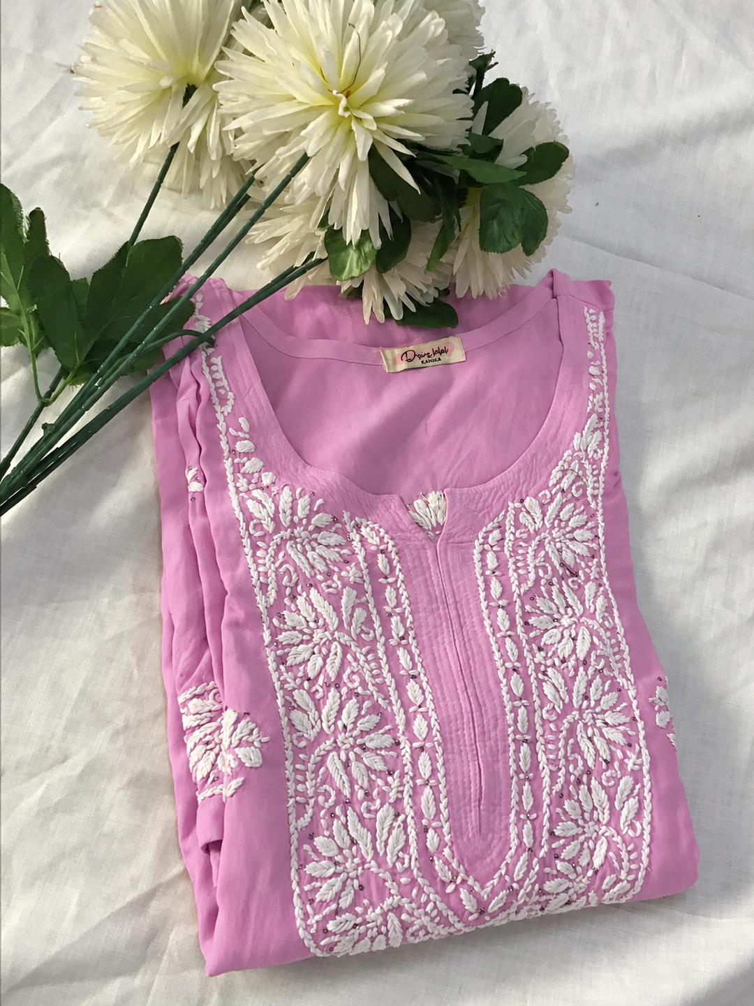 Pink Rayon Chikankari kurta pant set -Custom Made