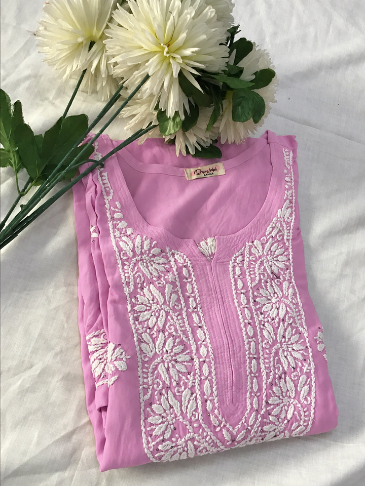 Pink Rayon Chikankari kurta pant set -Custom Made