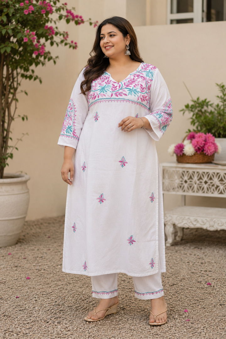 White Rayon Chikankari Kurta With Pant Set -Custom Made