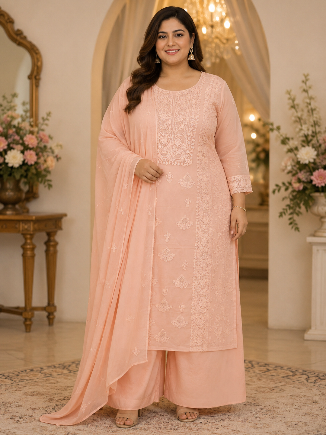 Peach Georgette Chikankari Kurta Duppata set