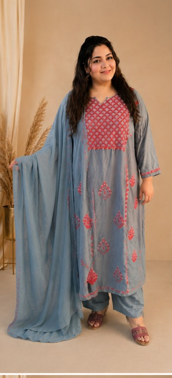 Dark Grey Rayon A-line Chikankari Suit Set-Custom Made