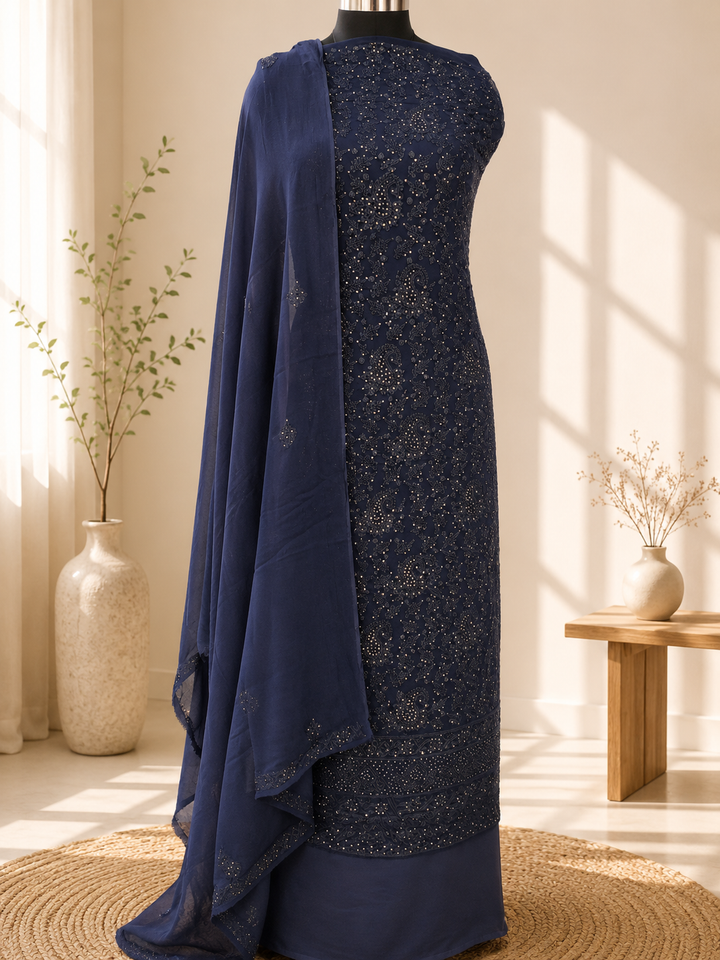 Navy Blue Georgette Chikankari Kurta Duppata Fabric