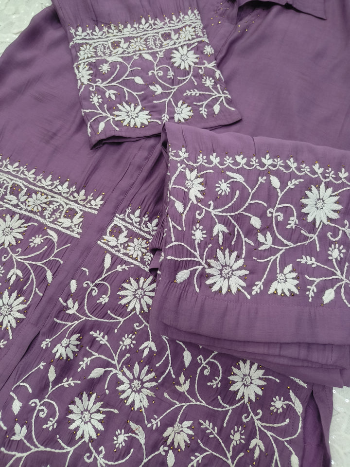 Lavender Chanderi Chikankari Co-ord set-Custom made