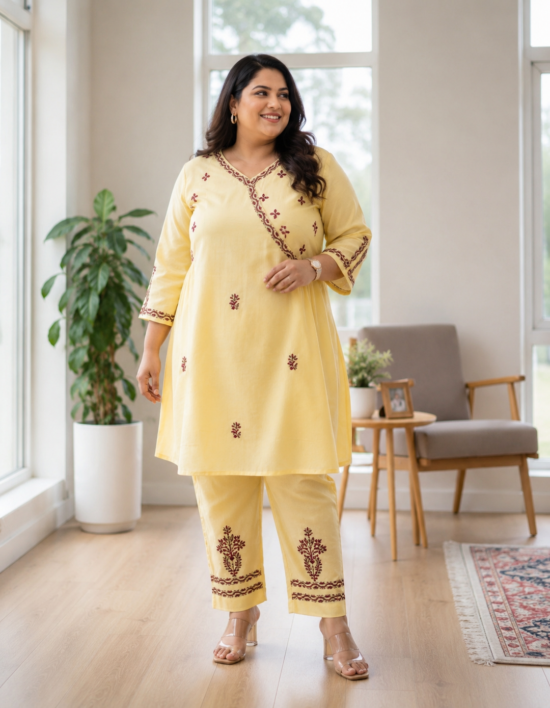Light yellow Chikankari Co-Ord Set -Custom Made